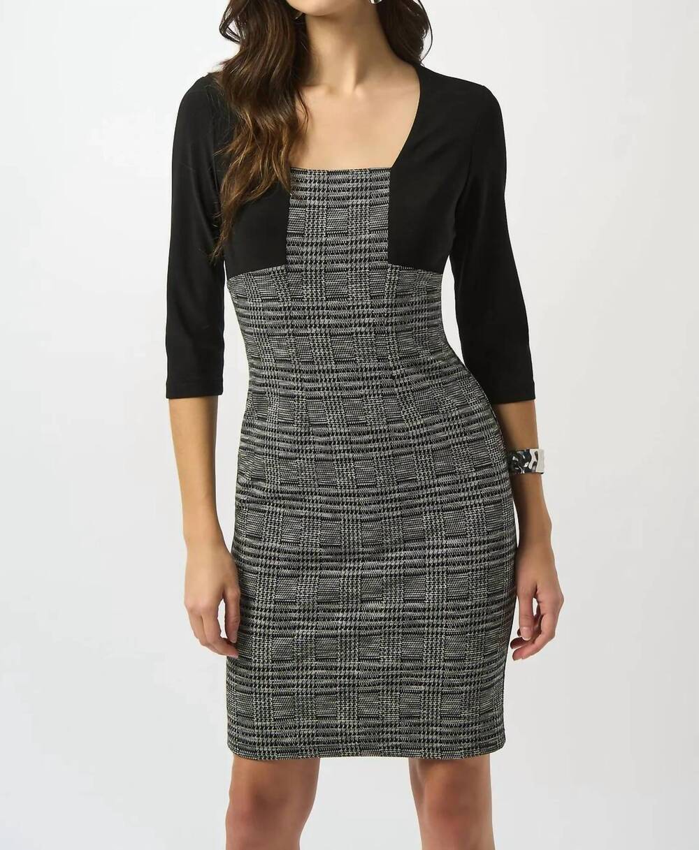 NEW JOSEPH RIBKOFF plaid printthree quarter sleeves sheath dress in black/white
